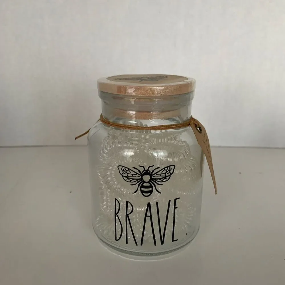NWT Rae Dunn Bee Brave Jar Glass Canister with 25 Count Spiral Hair Ties
